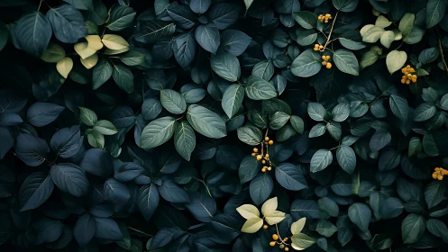 Dark green foliage with golden berries and pale leaves.
