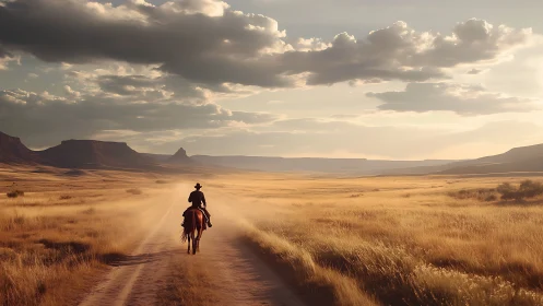 Rider on a dirt road crosses a dry open grassland plain