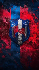 Bold red and blue crest stands strong in a splattered world