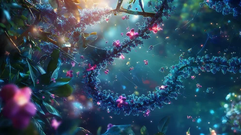 Bioluminescent floral helix curling through dreamlike forest.