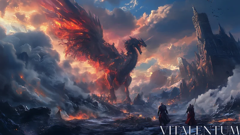 Volcanic-winged dragon confronting armored figures in ruins.