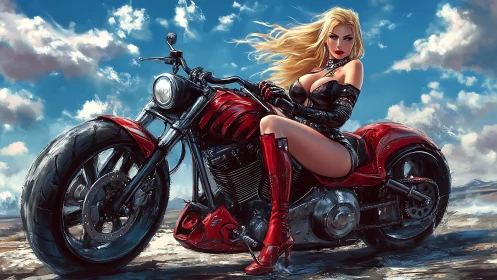 Aerodynamic crimson cruiser with stylized rider in motion-ready stance.