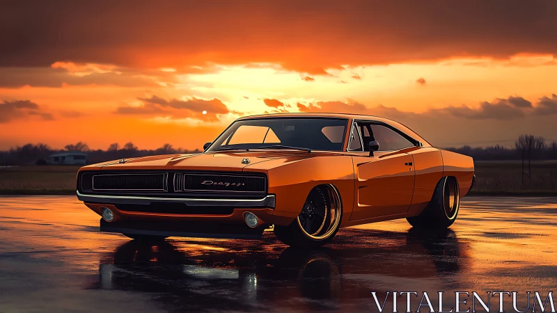 Orange classic muscle car parked on wet runway at sunset.