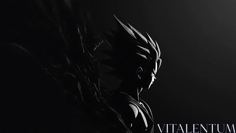 Shadowed anime warrior emerges from darkness in stark light