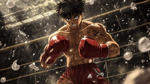 Anime Boxer in Red Gloves Mid-Fight