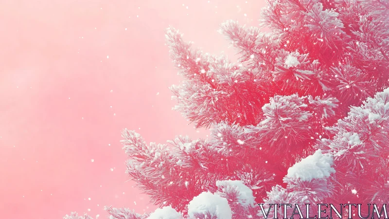 Snow covered pink fir branches glow under soft winter light
