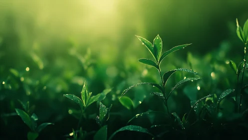 Young green leaves with water droplets under soft sunlight