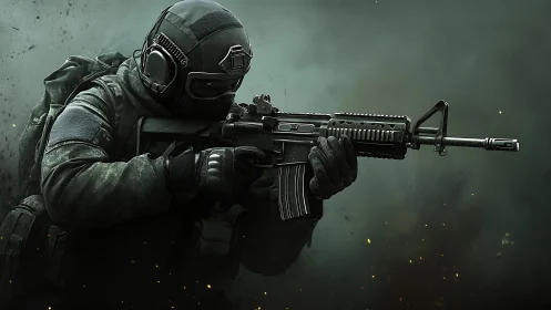 Tactical operator aiming carbine amid dense combat smoke