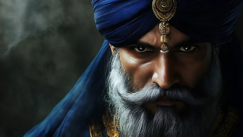 Hyperreal bearded noble in indigo turban and ornate tiara.