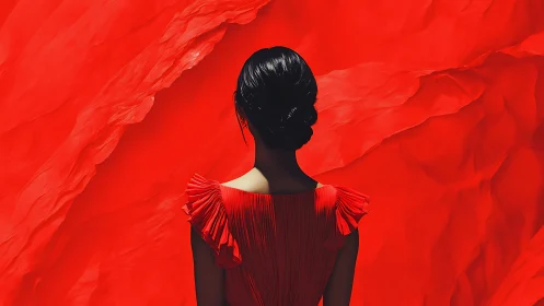 Crimson silk backdrop embraces a poised woman in red dress