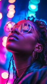 Neon portrait with reflective glasses and vibrant bokeh glow.