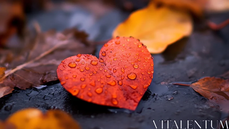 Crimson Leaf with Dewdrops on Wet Stone Surface.