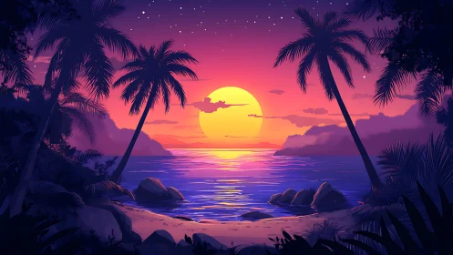 Vibrant tropical sunset seascape rendered in stylized digital art