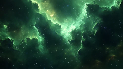 Green glowing nebula cloud spans dense star field in space