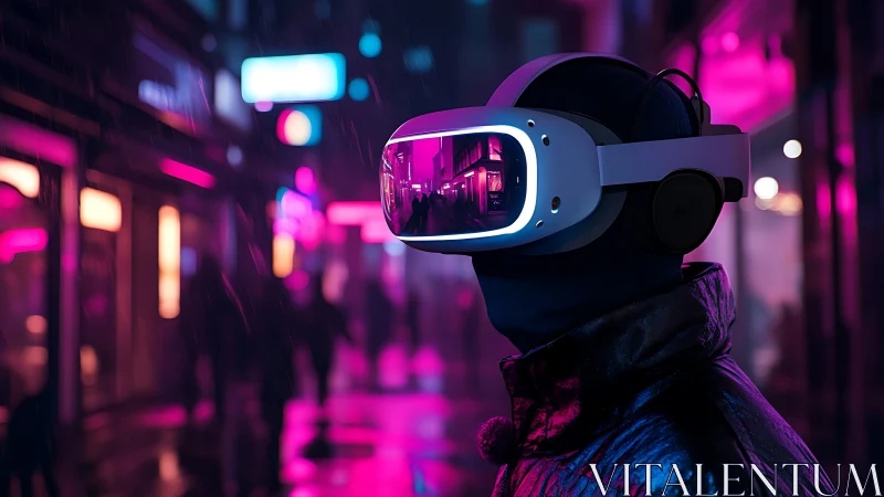 VR headset user in neon-lit rainy cityscape with reflective visor