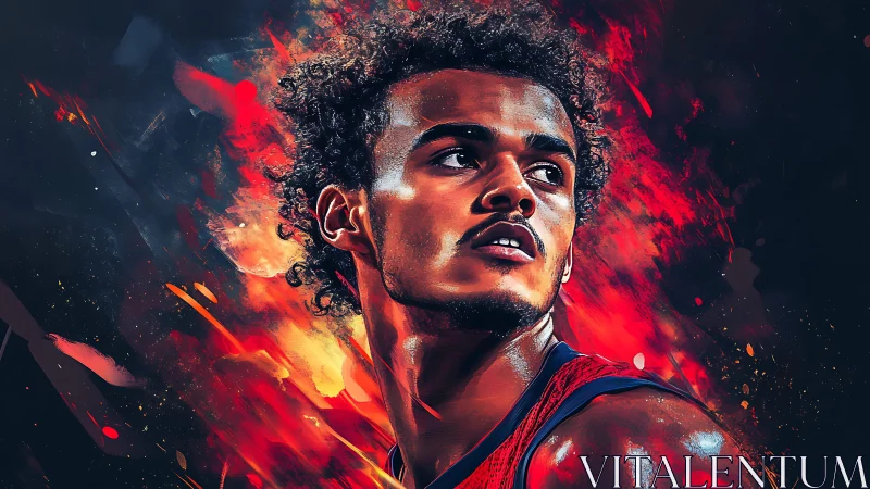 Intense basketball portrait amid explosive red energy swirls.