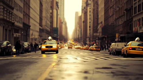 Rain-glossed avenue sends yellow cabs gliding into dusk