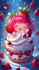 Strawberry chibi nestled in whipped cream layer cake fantasy.