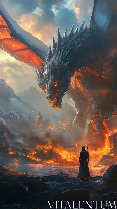 Knight confronts colossal fire dragon above burning cityscape