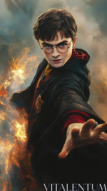Young wizard unleashes fiery spell in dramatic battle stance