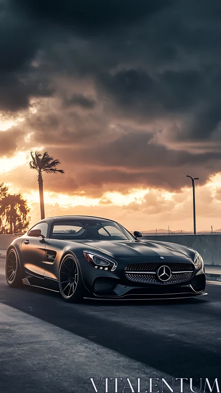 Matte black Mercedes coupe cuts through moody coastal sunset