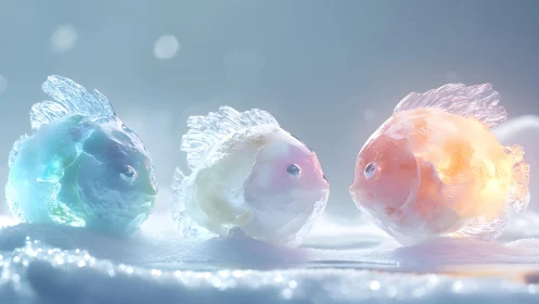Three Colorful Crystal Fish in Soft Snow, Dreamlike Digital Art.