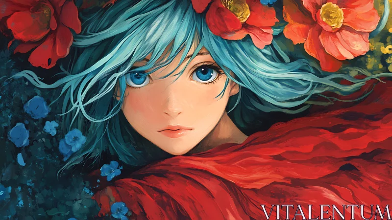 Blue haired anime girl surrounded by red and blue flowers.