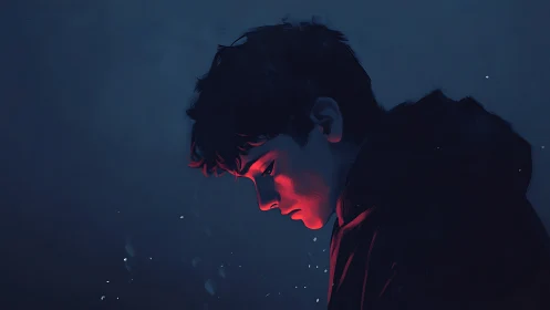 Fallen ember glow tracing a solitary boy in midnight blue.