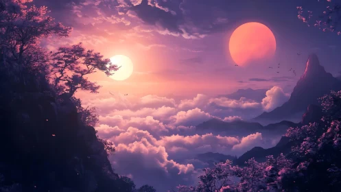 Dual suns over cloud-covered valley with silhouetted peaks.