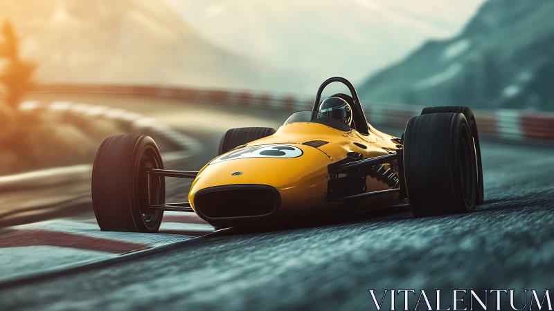 Vintage single seat race car on mountain road circuit.