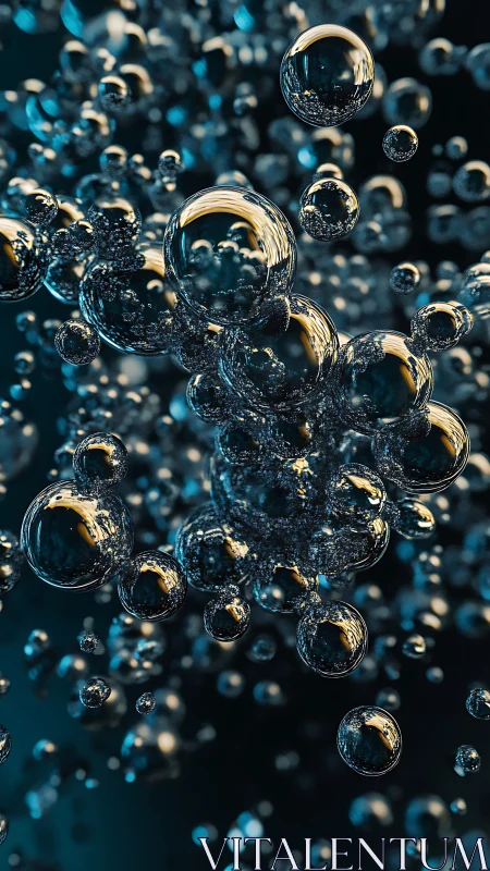 Clustered transparent bubbles in dark aquatic environment.