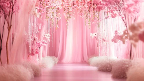 Dreamy pink blossom aisle wrapped in soft draped romance.