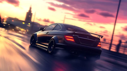 Black performance coupe accelerates along wet city bridge at dusk