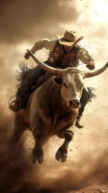 Rodeo cowboy rides bucking bull through swirling dust.