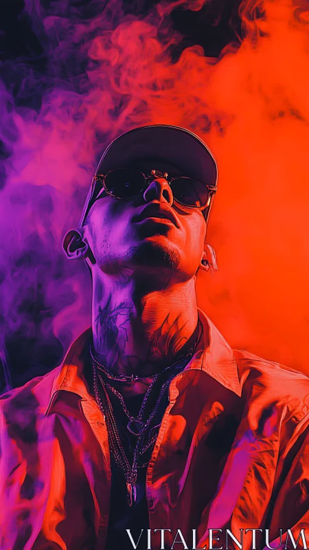 Man in sunglasses lit by split red and purple neon smoke
