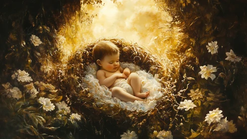 Infant Cradled in Golden Floral Nest, Heavenly Light.