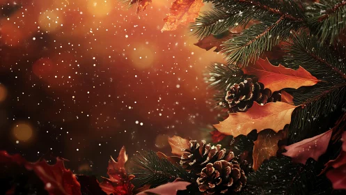 Christmas pine wreath with glowing bokeh snowfall background