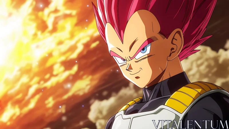 Saiyan warrior stands before blazing cosmic explosion.