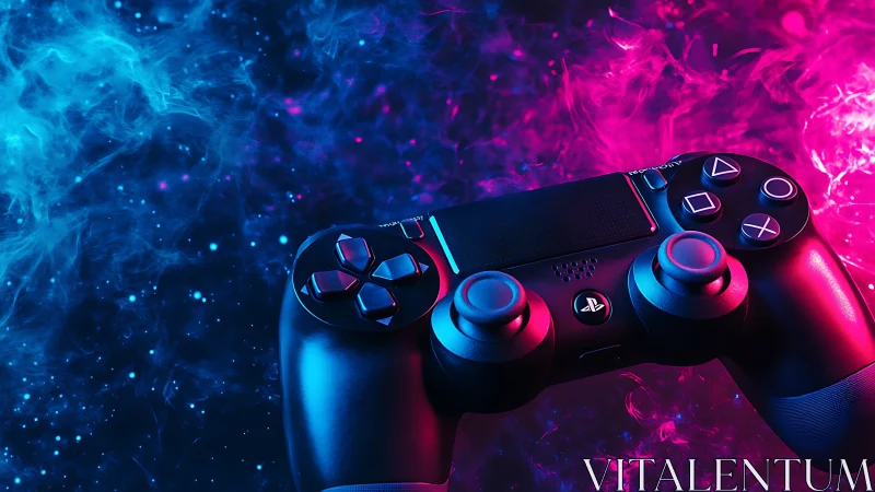 DualShock controller in neon blue and magenta rim lighting.