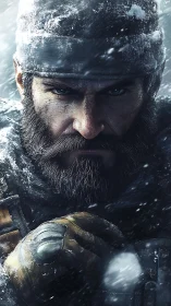 Bearded soldier endures blizzard with intense forward stare