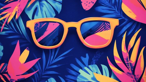 Neon sunglasses float amid bold tropical leaves and color.