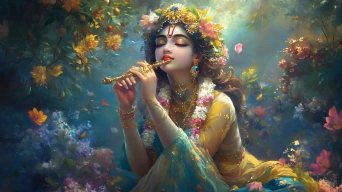 Divine flutist in luminous floral grove, jeweled adornments.