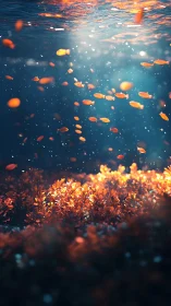Golden reef glows beneath shimmering blue ocean light