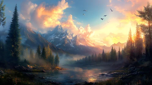Mountain lake at sunrise with mist, forest, and flying birds.