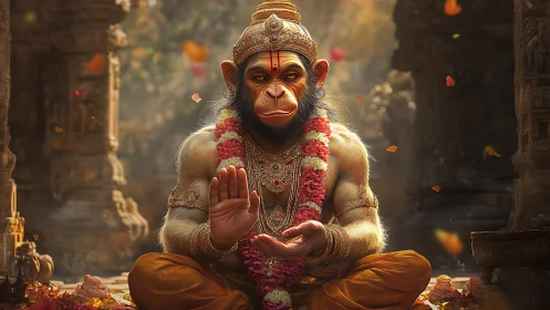 Sacred simian sage offers calm blessings in jeweled stillness