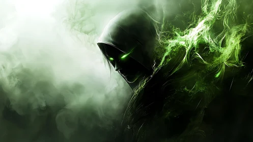 Hooded spectral figure with glowing green eyes in smoke