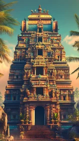 Golden stepped temple tower under tropical sunset sky.