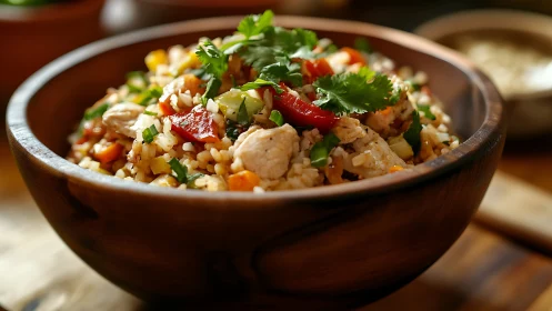 Colorful chicken rice bowl glows with rustic, homestyle warmth