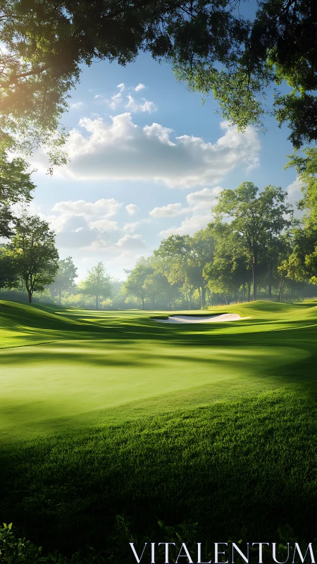 Sunlit golf course fairway with sand bunker and trees.