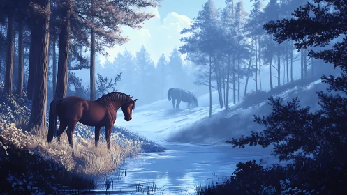 Cinematic winter forest horses rendered in cool blue light